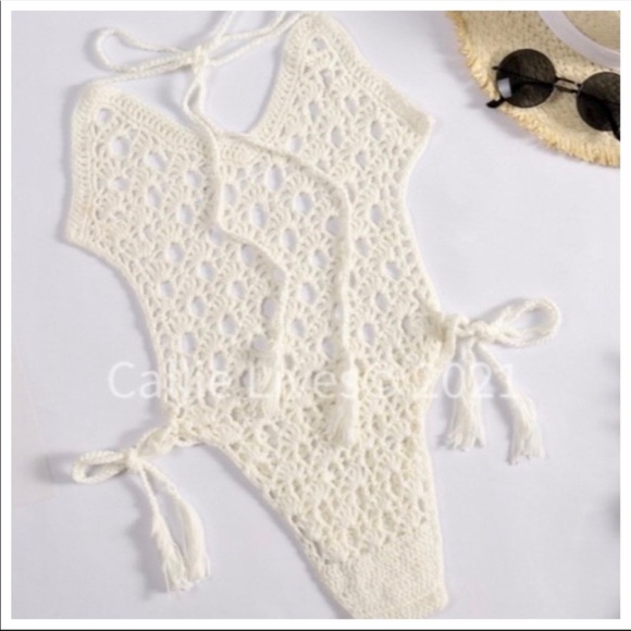 NWT Crochet Retro Sexy BoHo Chic One Piece Thong Back Bathing Swim Suit - Picture 13 of 13